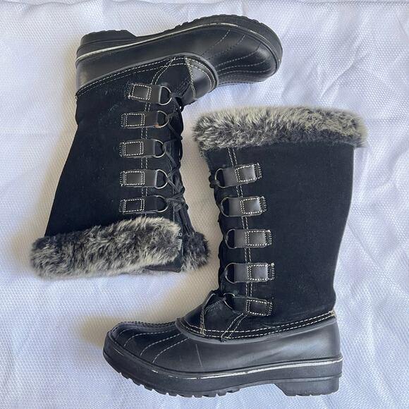 Ozark Trail Winter Boots Womens 10 Black Suede Fur Tall Lace Up Snow Waterproof - Picture 1 of 13